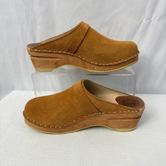 Troentorp Clogs Womens Size 7 Brown Tan Leather Slip On Wooden Sweden Mules 37 - Picture 10 of 11
